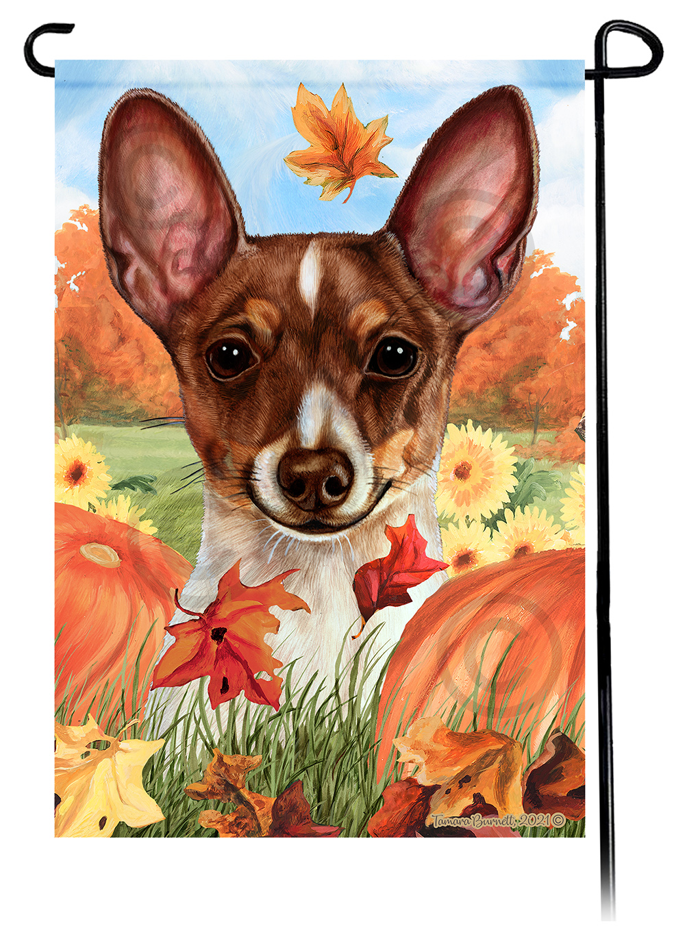 Toy Fox Terrier Chocolate Tri Color Falling Leaves - Garden Flag image