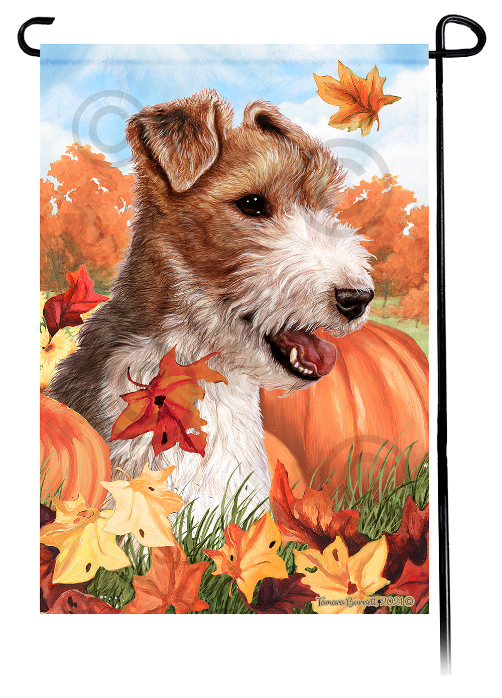 An image of product 16205 Wirehaired Fox Terreir Falling Leaves - Garden Flag