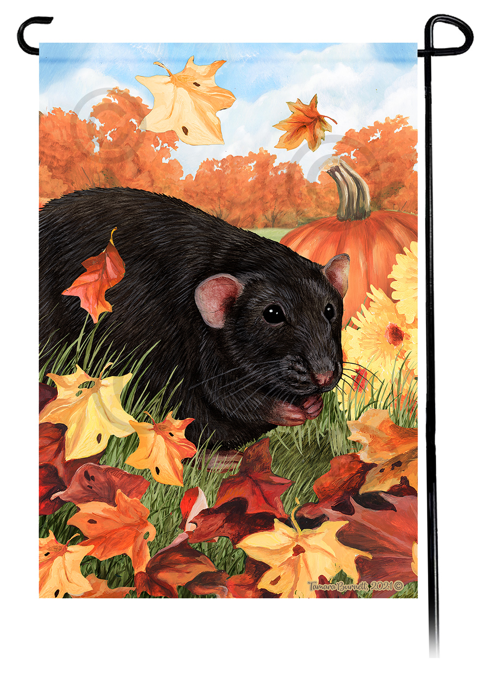 Rat Black Solid Falling Leaves - Garden Flag Image