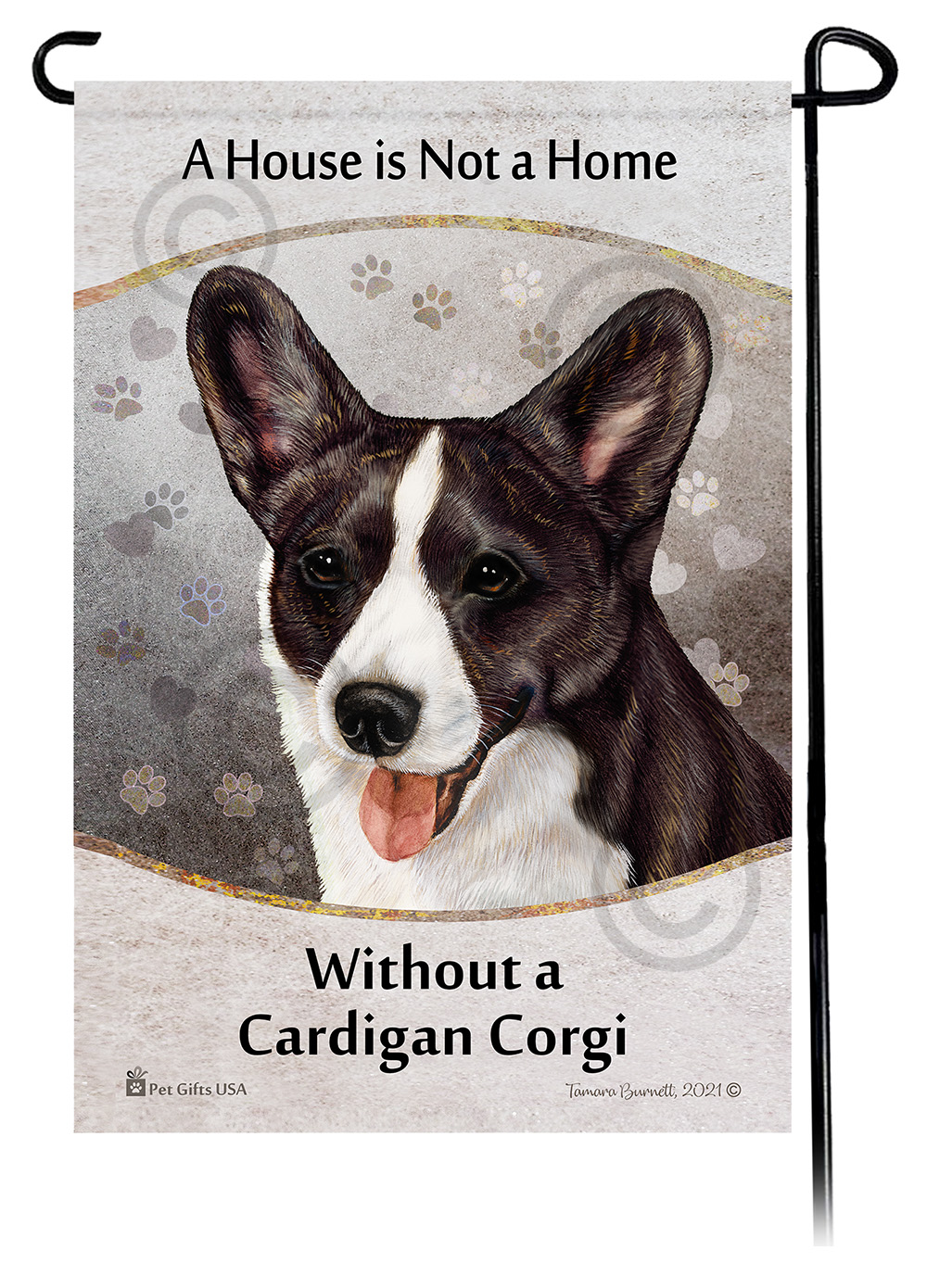 An image of the Corgi Cardigan Black Brindle A House Is Not A Home - Garden Flag