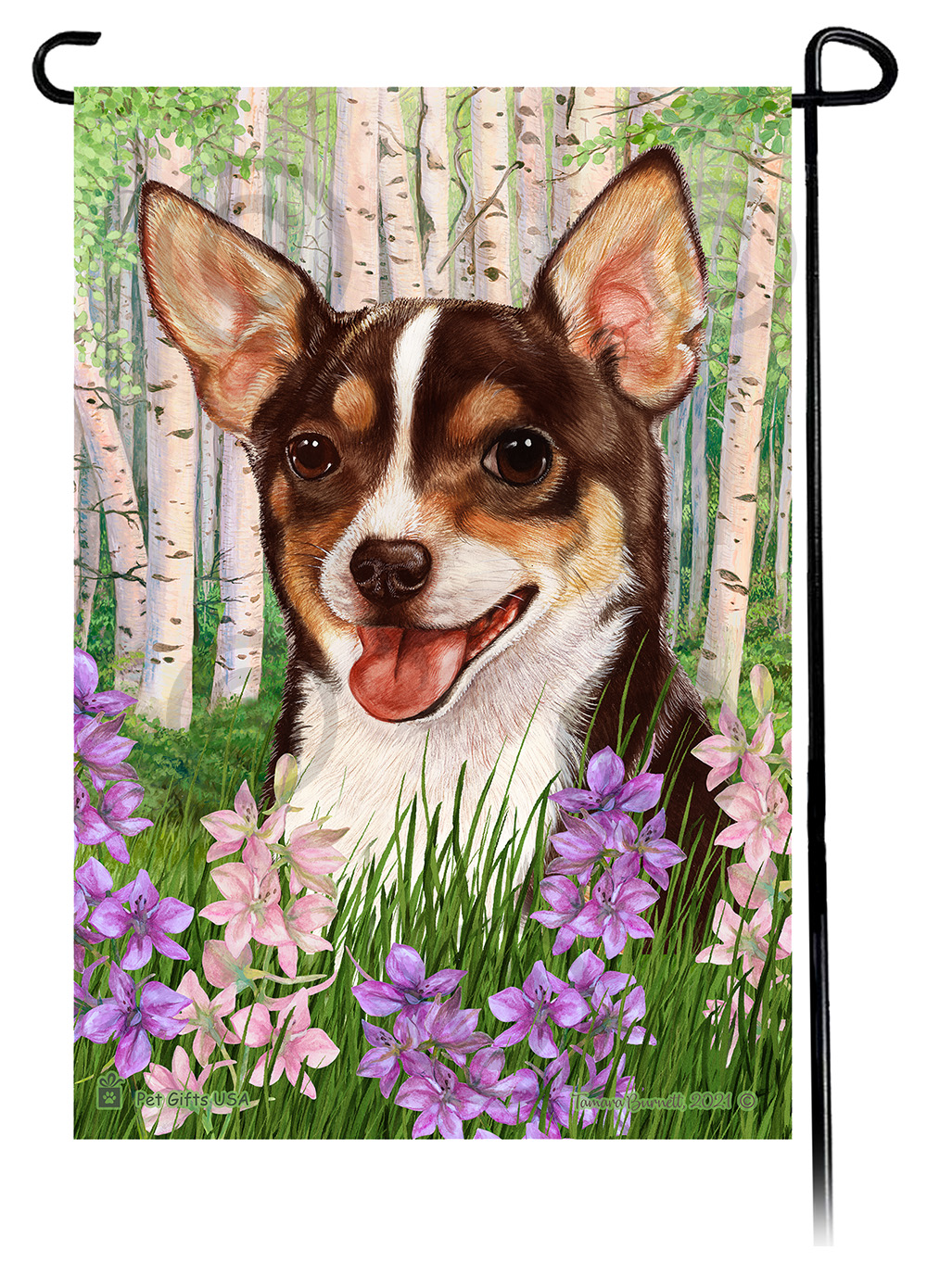 An image of the Chihuahua SH Chocolate Tri Spring Flowers Flag