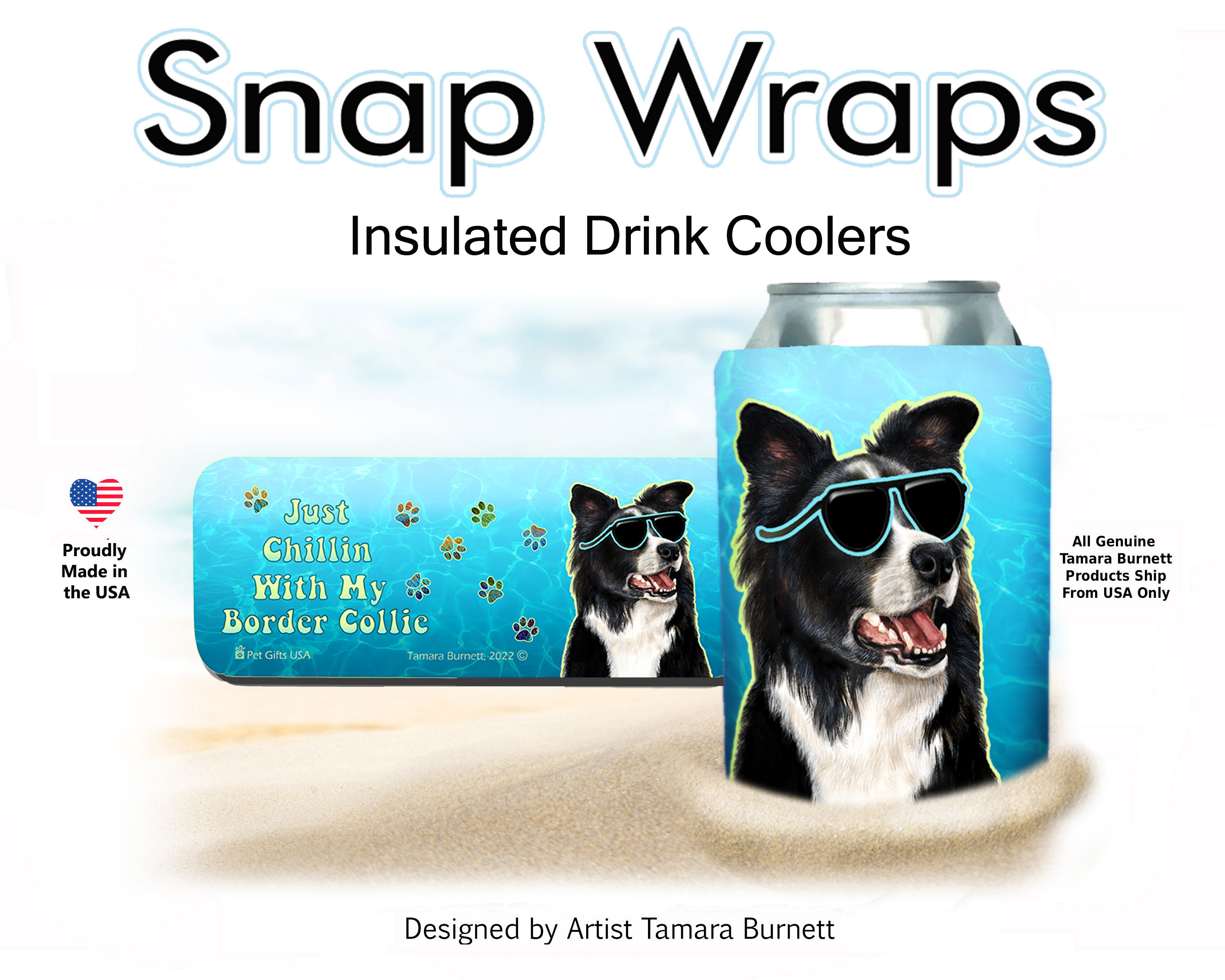 An image of the Border Collie Black/White Snap Wrap Insulated Drink Holder Cozy