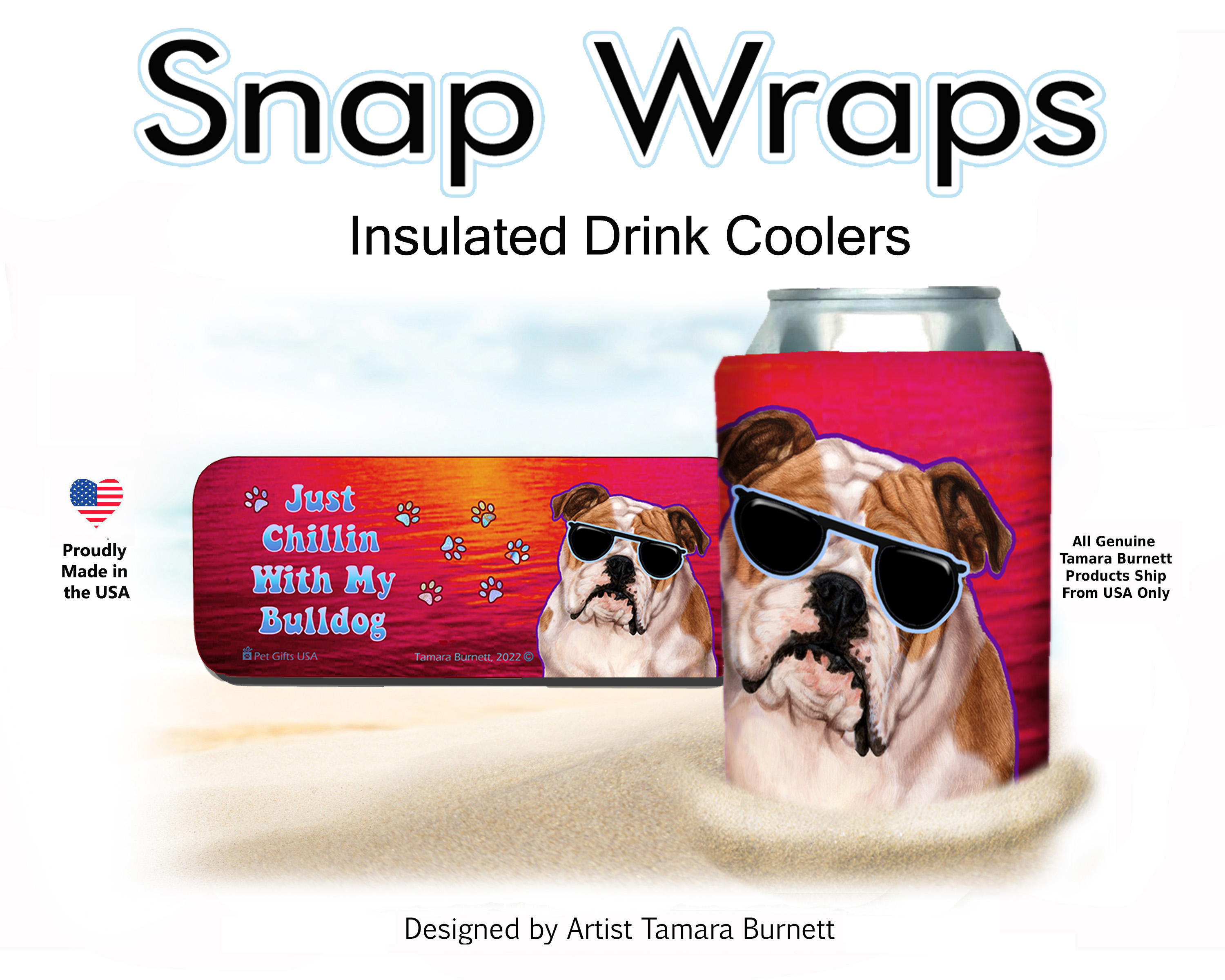 An image of product 17746 Bulldog Tan & White Snap Wrap Insulated Drink Holder Cozy