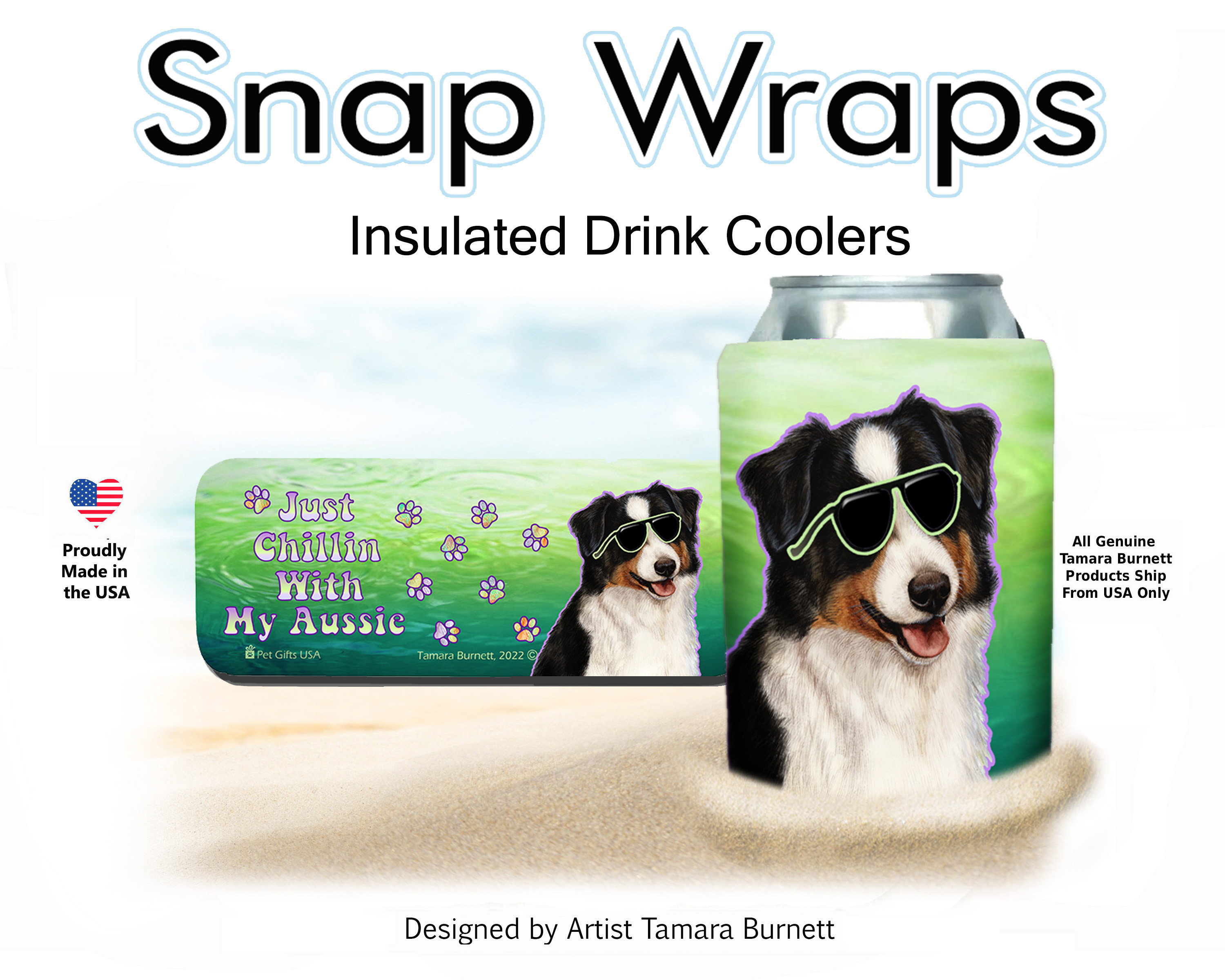 An image of the Australian Shepherd Black Tri Snap Wrap Insulated Drink Holder