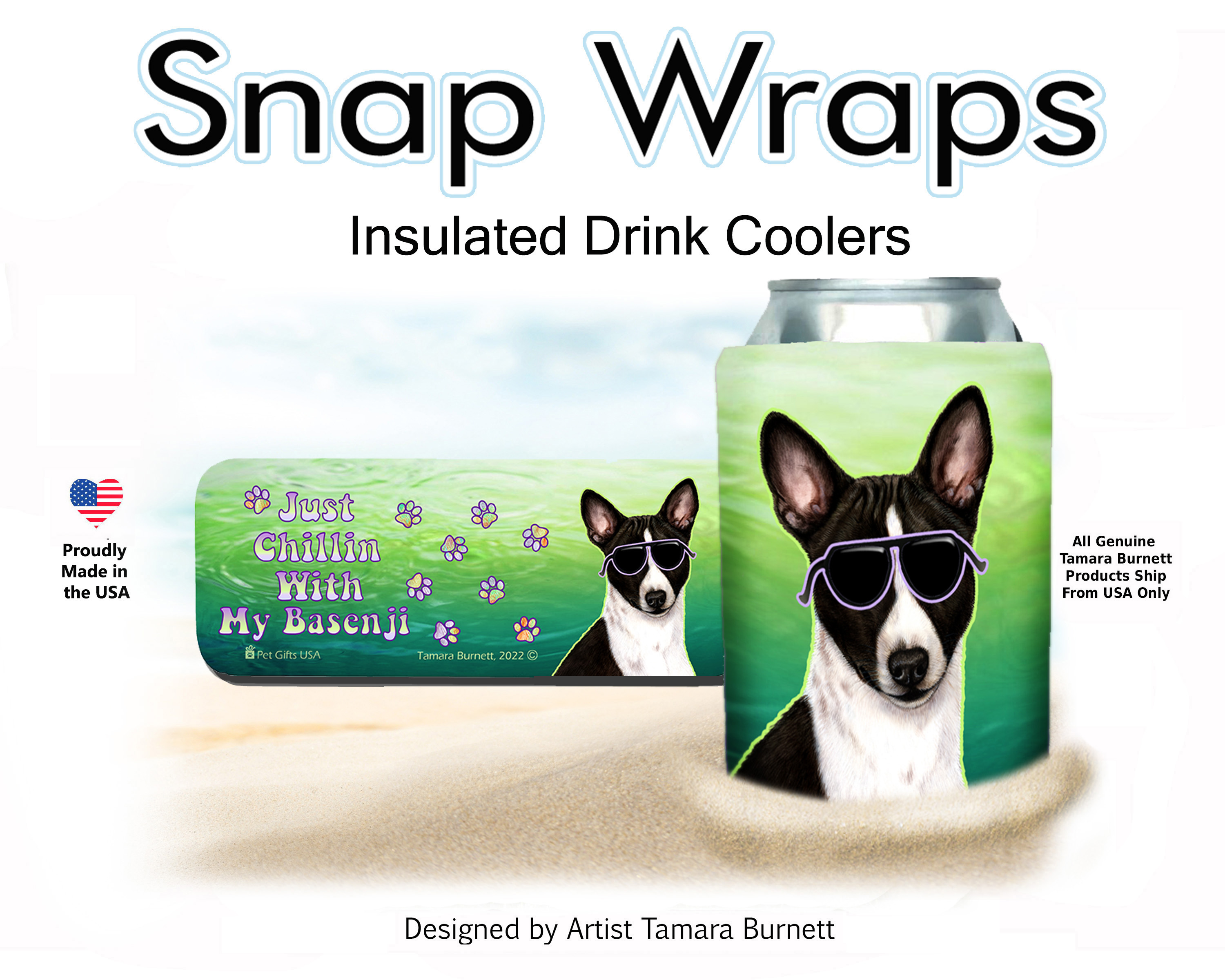 An image of the Basenji Black/White Snap Wrap Insulated Drink Holder