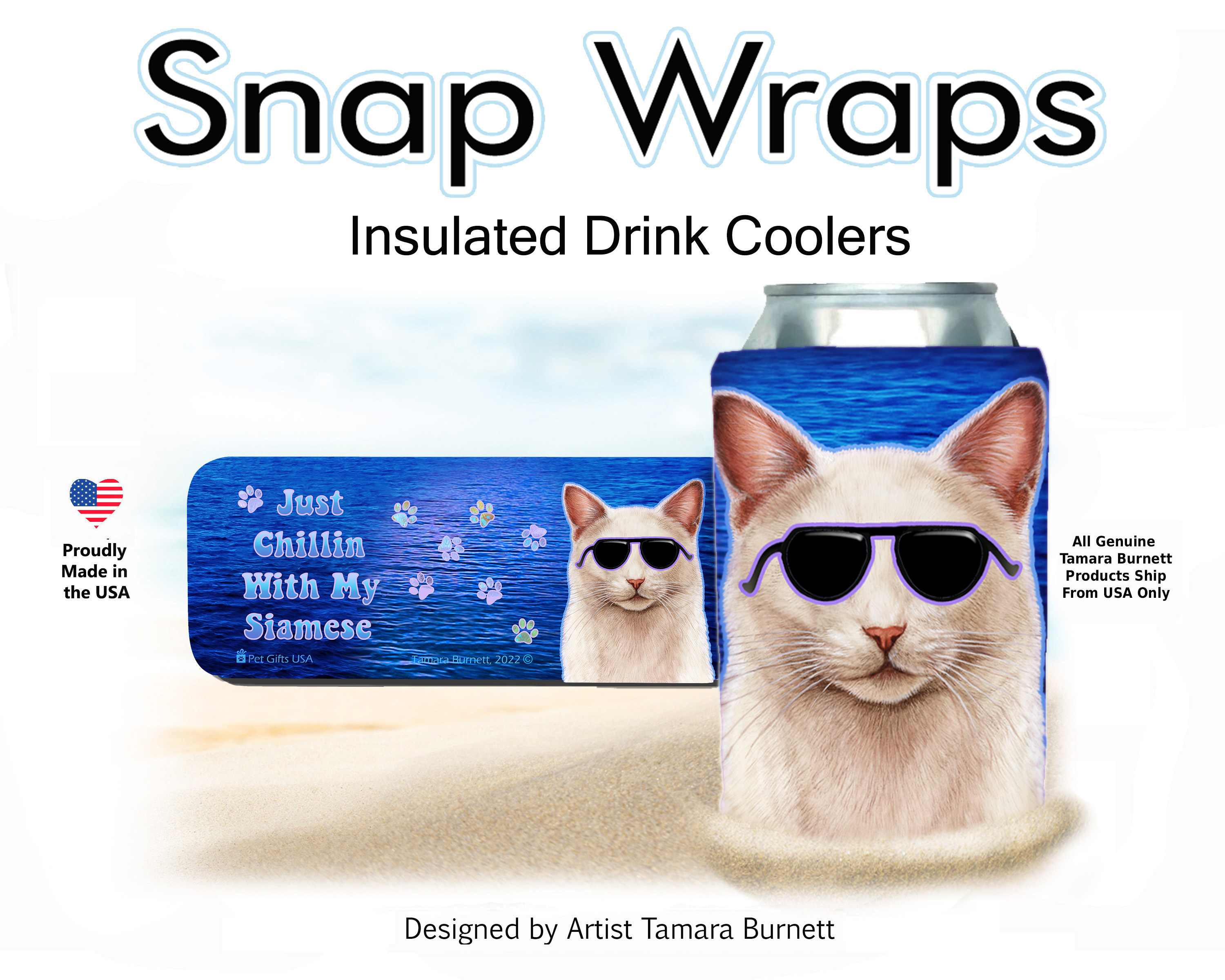 An image of product 18563 White Cat Blue Eyes Snap Wrap Insulated Drink Holder