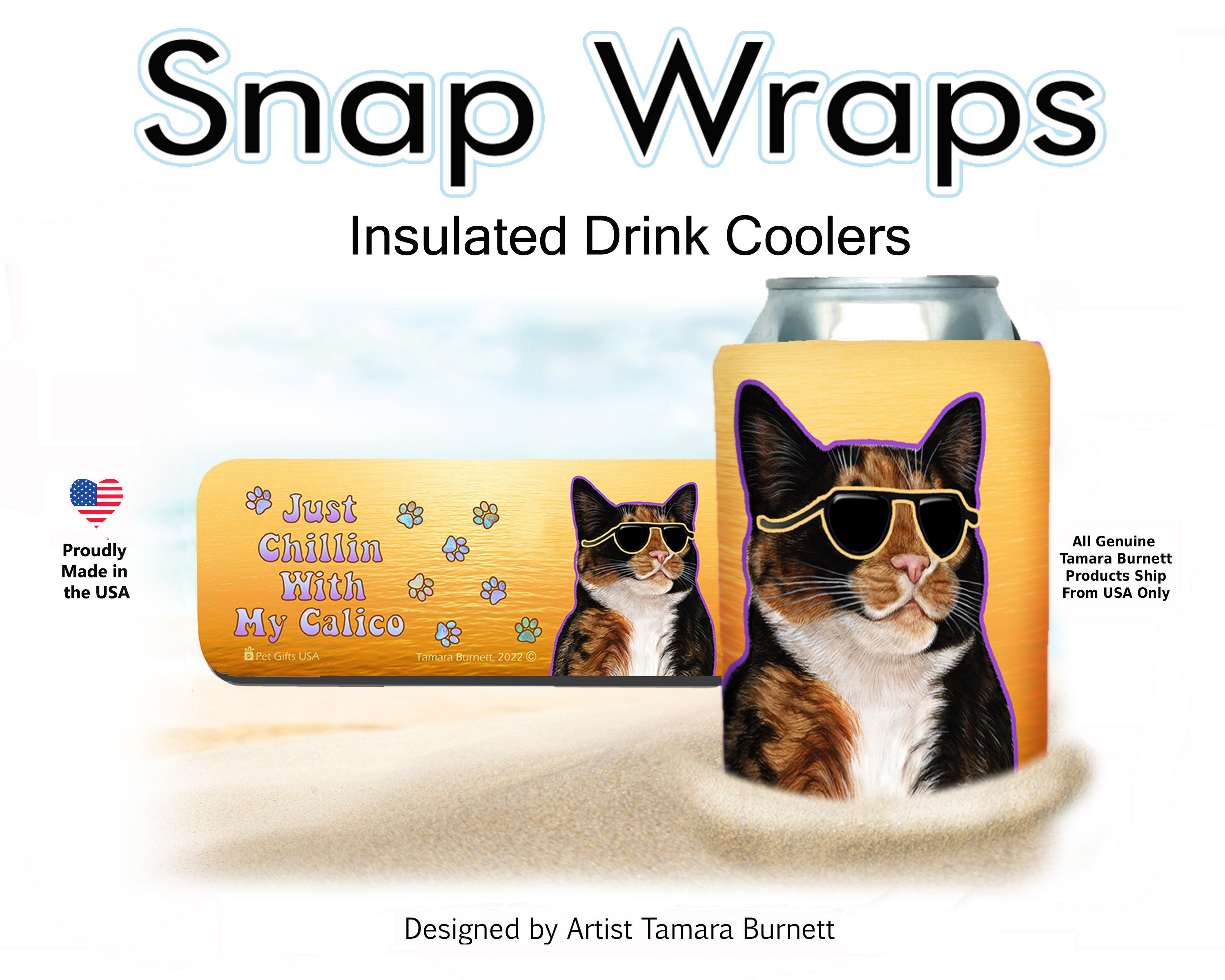 An image of the Tortoiseshell (Calico) Cat Snap Wrap Insulated Drink Holder