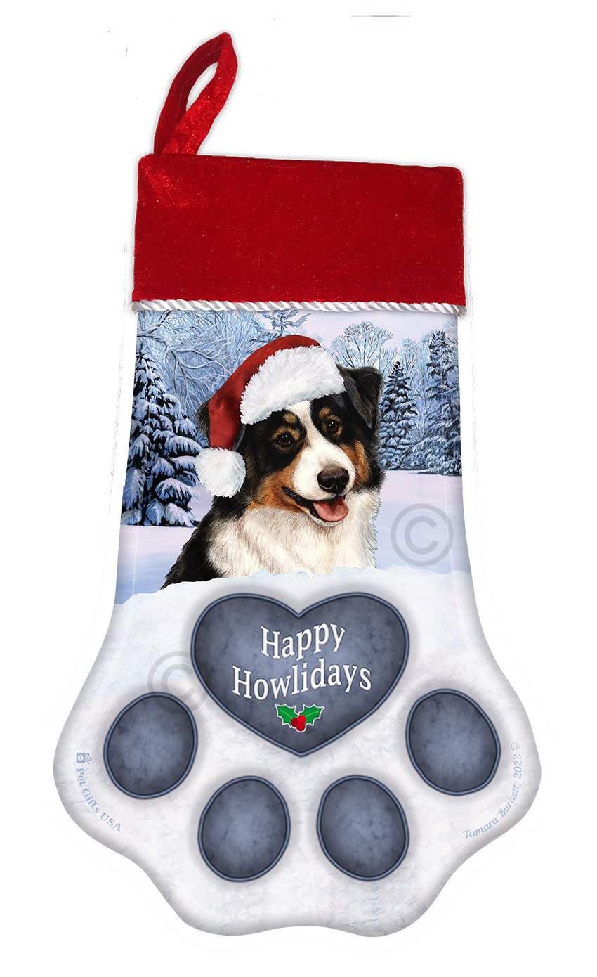 An image of the Australian Shepherd Black Tri Color Holiday Stocking