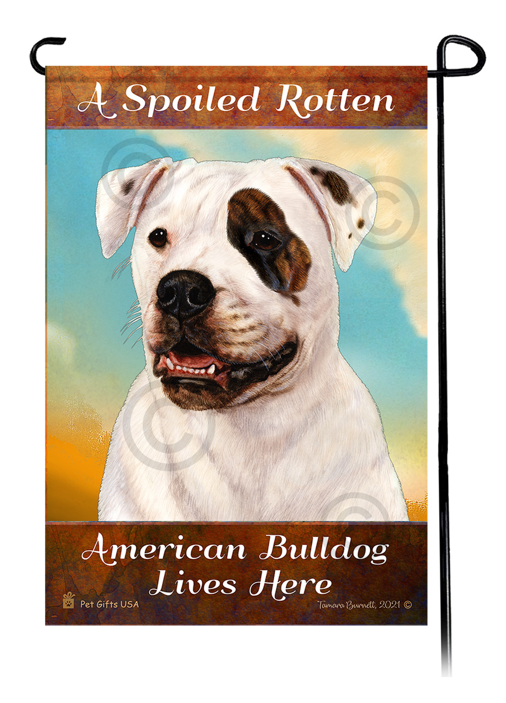 An image of the A Spoiled Rotten American Bulldog Brindle Eye Lives Here - Garden Flag