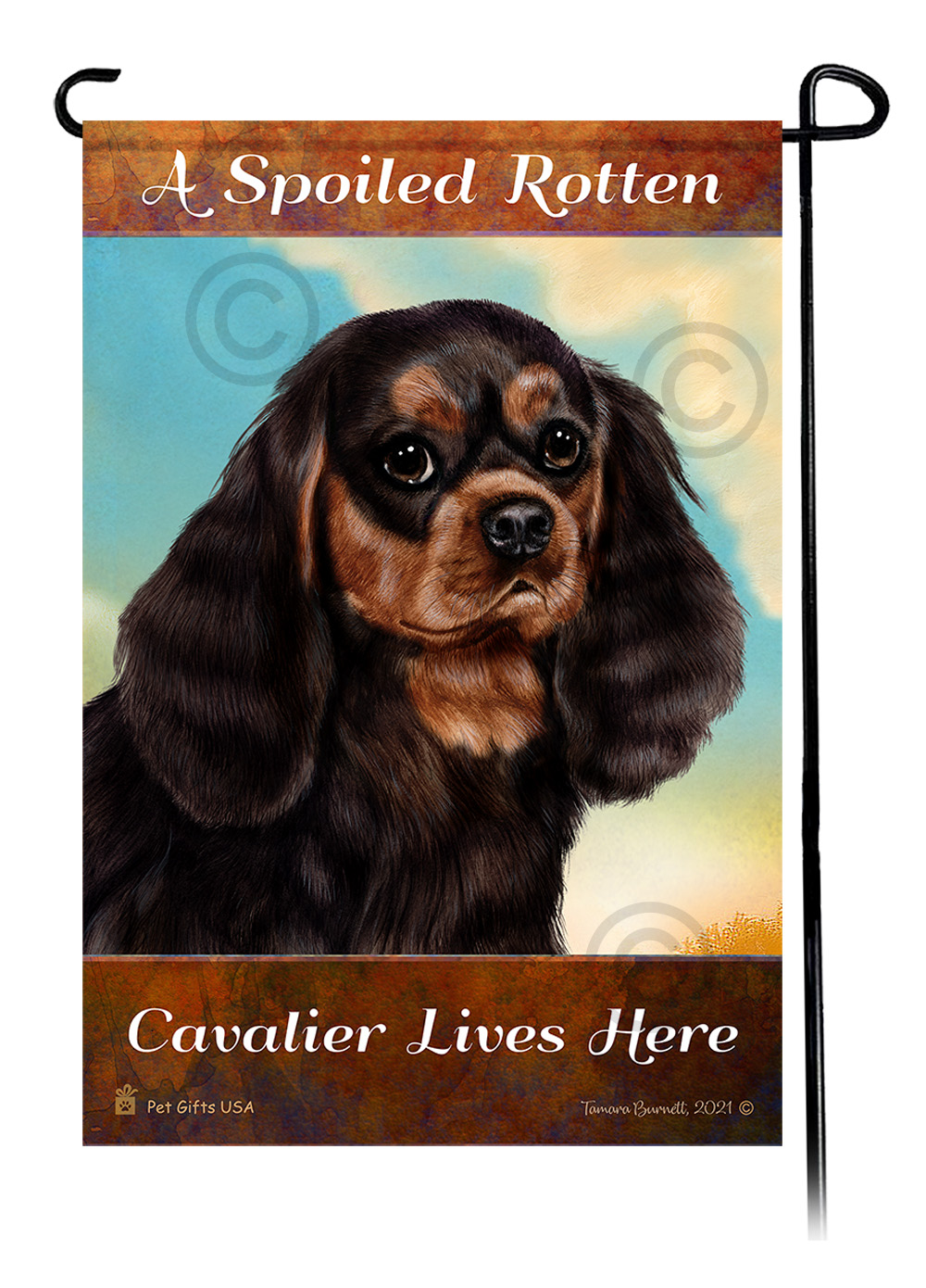 An image of the A Spoiled Rotten Cavalier King Charles Black and Tan Lives Here - Garden Flag