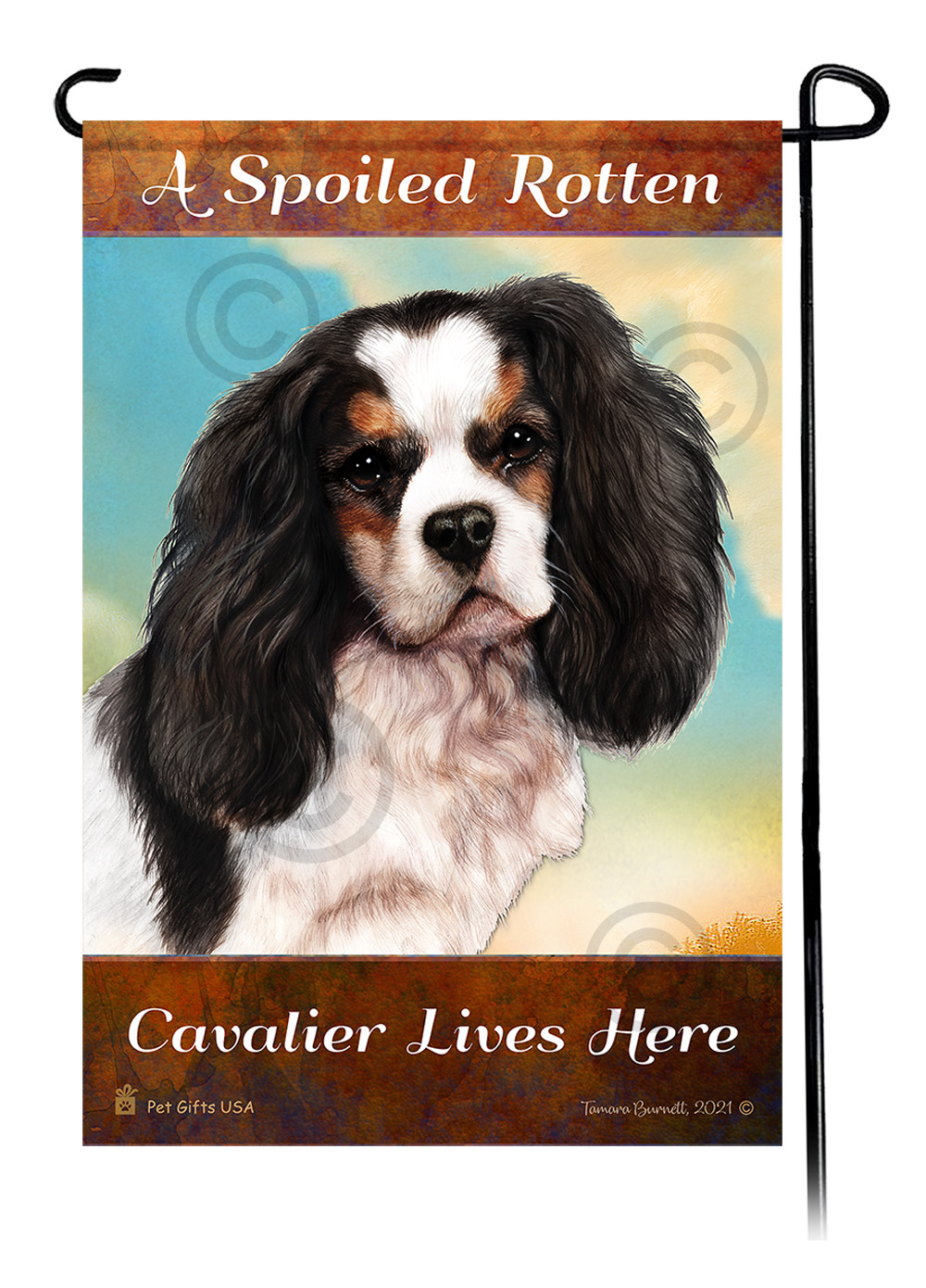 A Spoiled Rotten Cavalier King Charles Tri-Color Lives Here - Garden Flag image