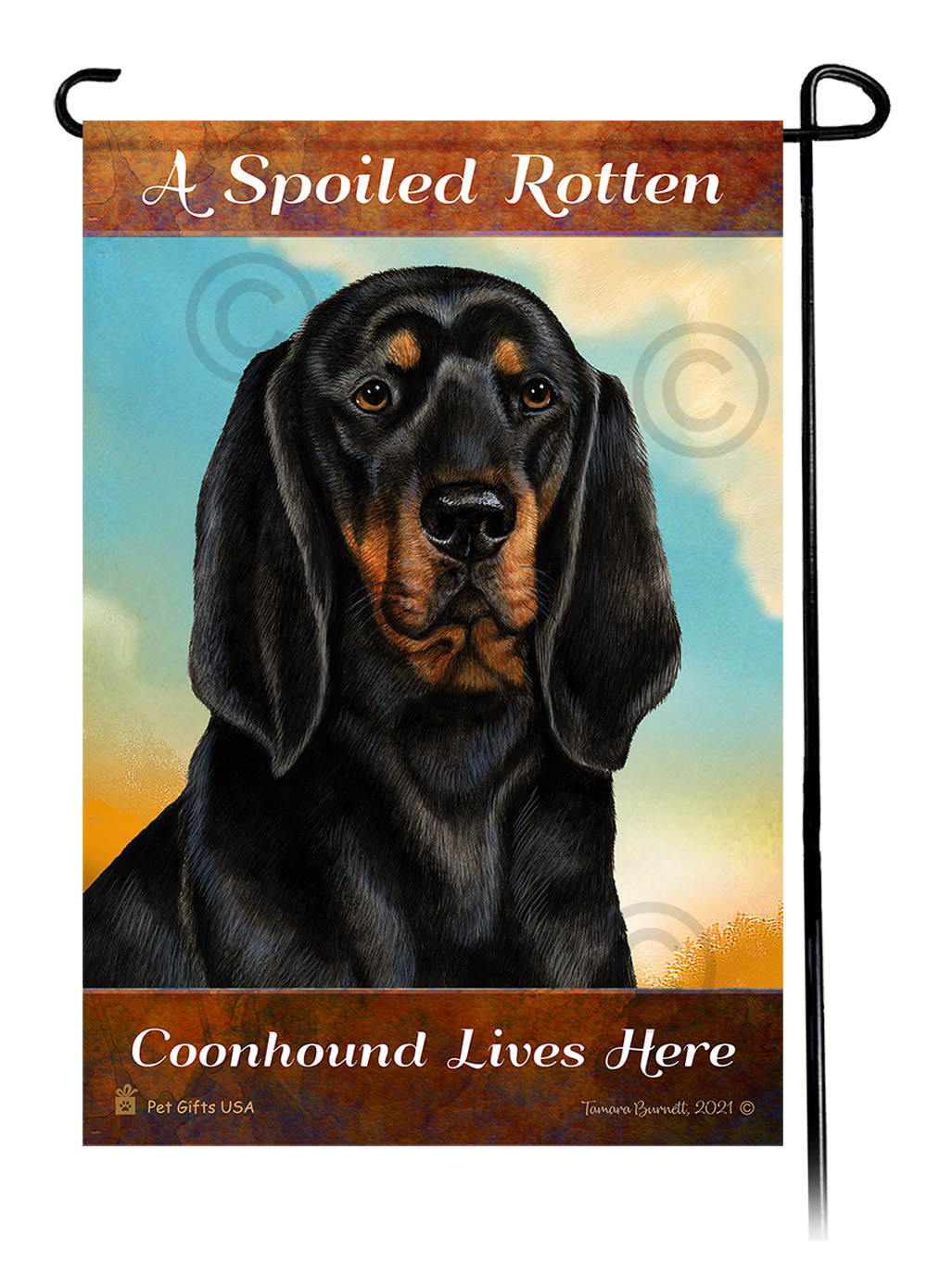 An image of the A Spoiled Rotten Coonhound Black and Tan Lives Here - Garden Flag