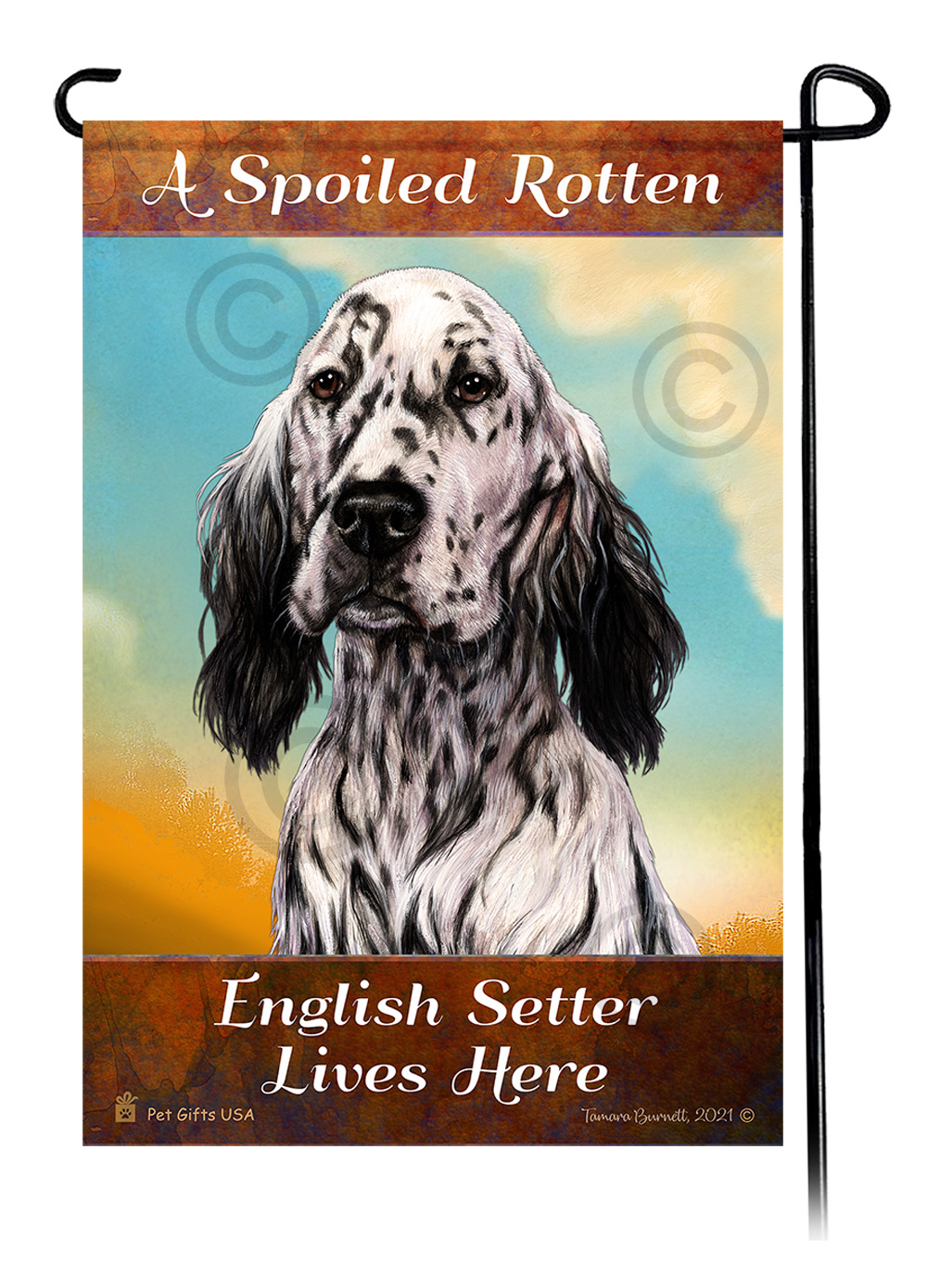 An image of the A Spoiled Rotten English Setter Black and White Lives Here - Garden Flag
