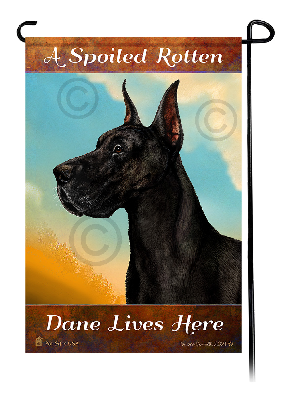 An image of the A Spoiled Rotten Great Dane Black Cropped Lives Here - Garden Flag