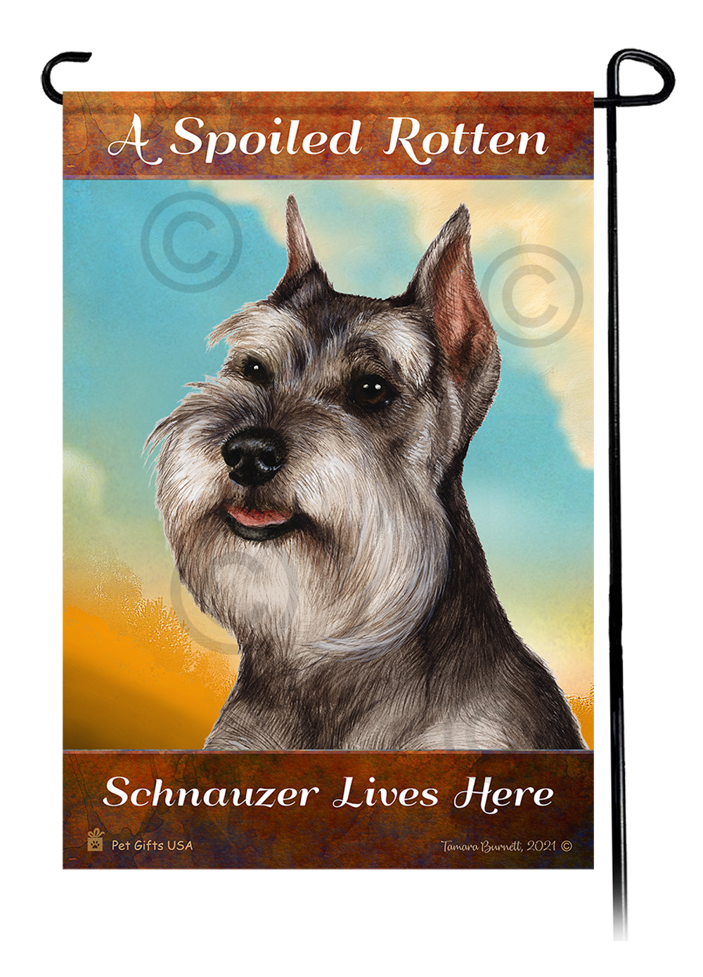 A Spoiled Rotten Schnauzer Grey Cropped Lives Here - Garden Flag image