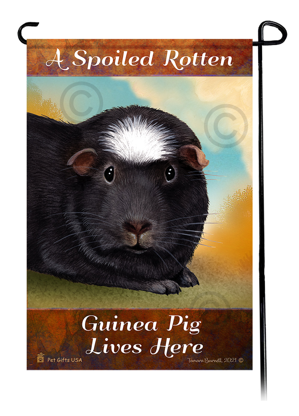 An image of the A Spoiled Rotten Guinea Pig Black and White Crested Lives Here - Garden Flag