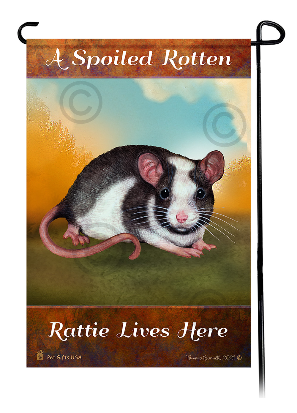 An image of product 24152 A Spoiled Rotten Rat Black and White Pied Lives Here - Garden Flag