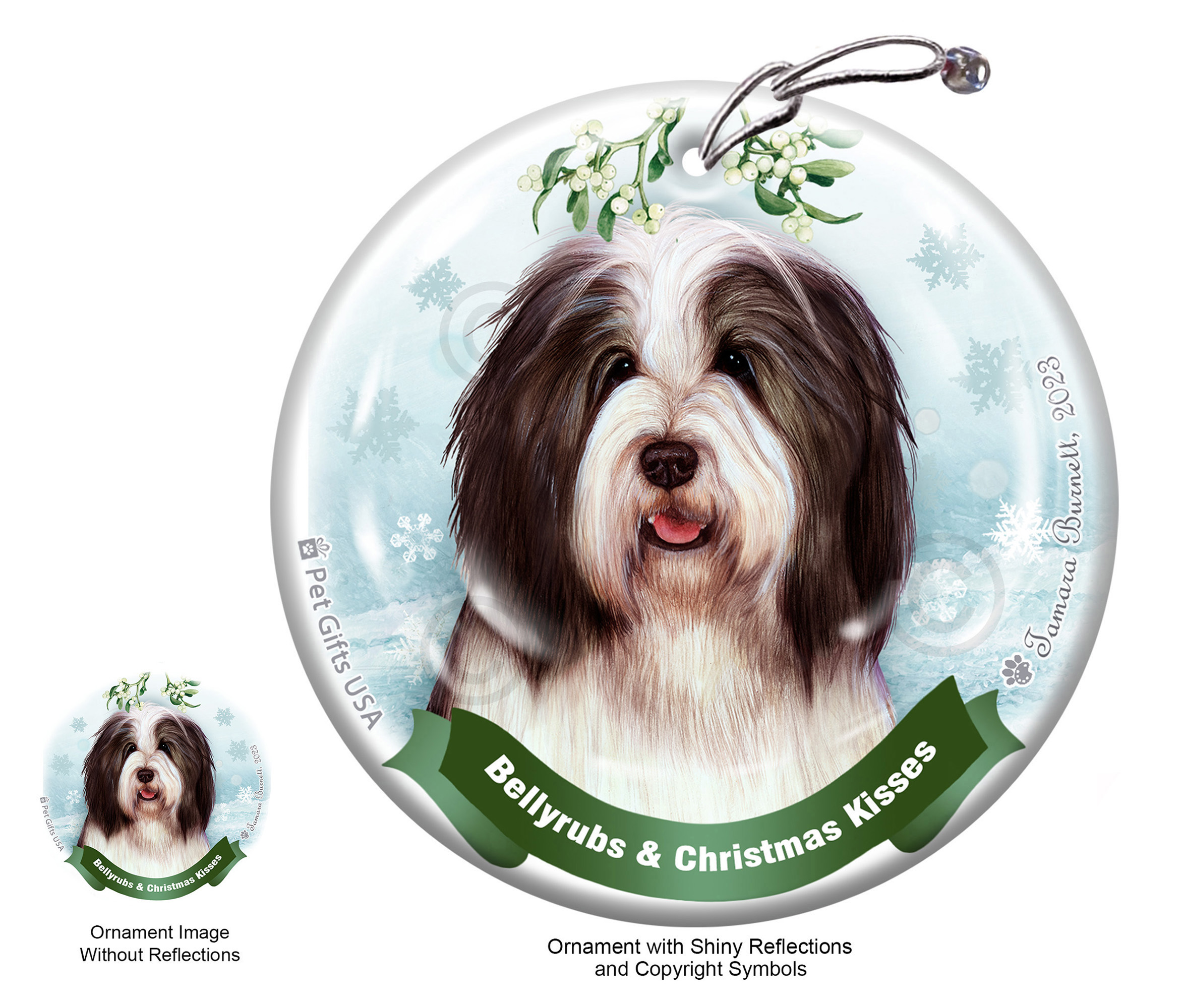 An image of the Bearded Collie Black and White Belly Rubs and Christmas Kisses Ornament