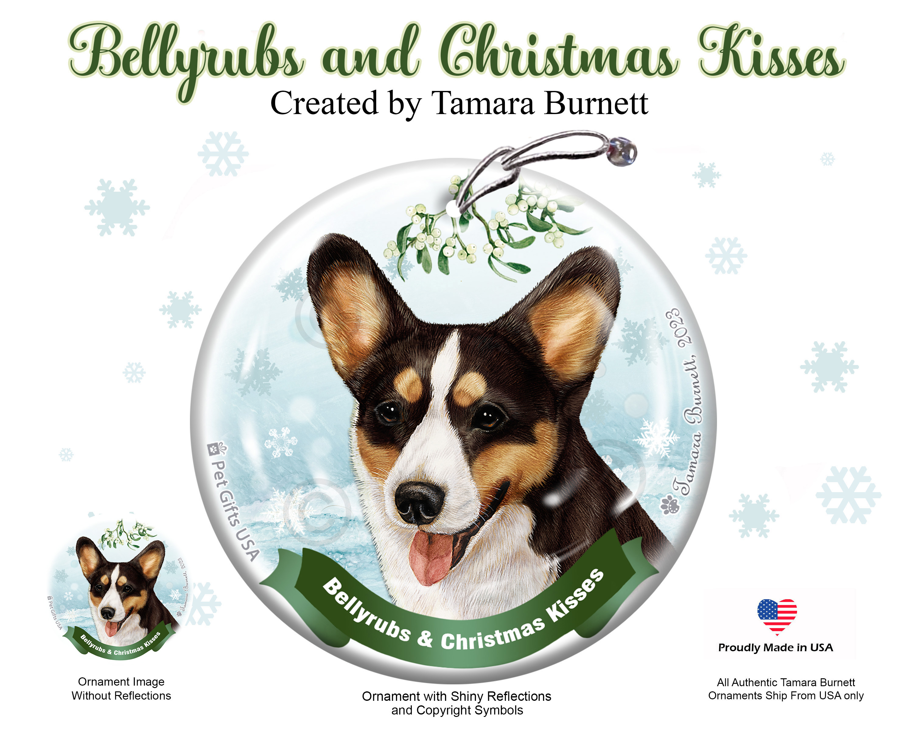 Corgi Cardigan Tri-Color Belly Rubs and Christmas Kisses Ornament Image