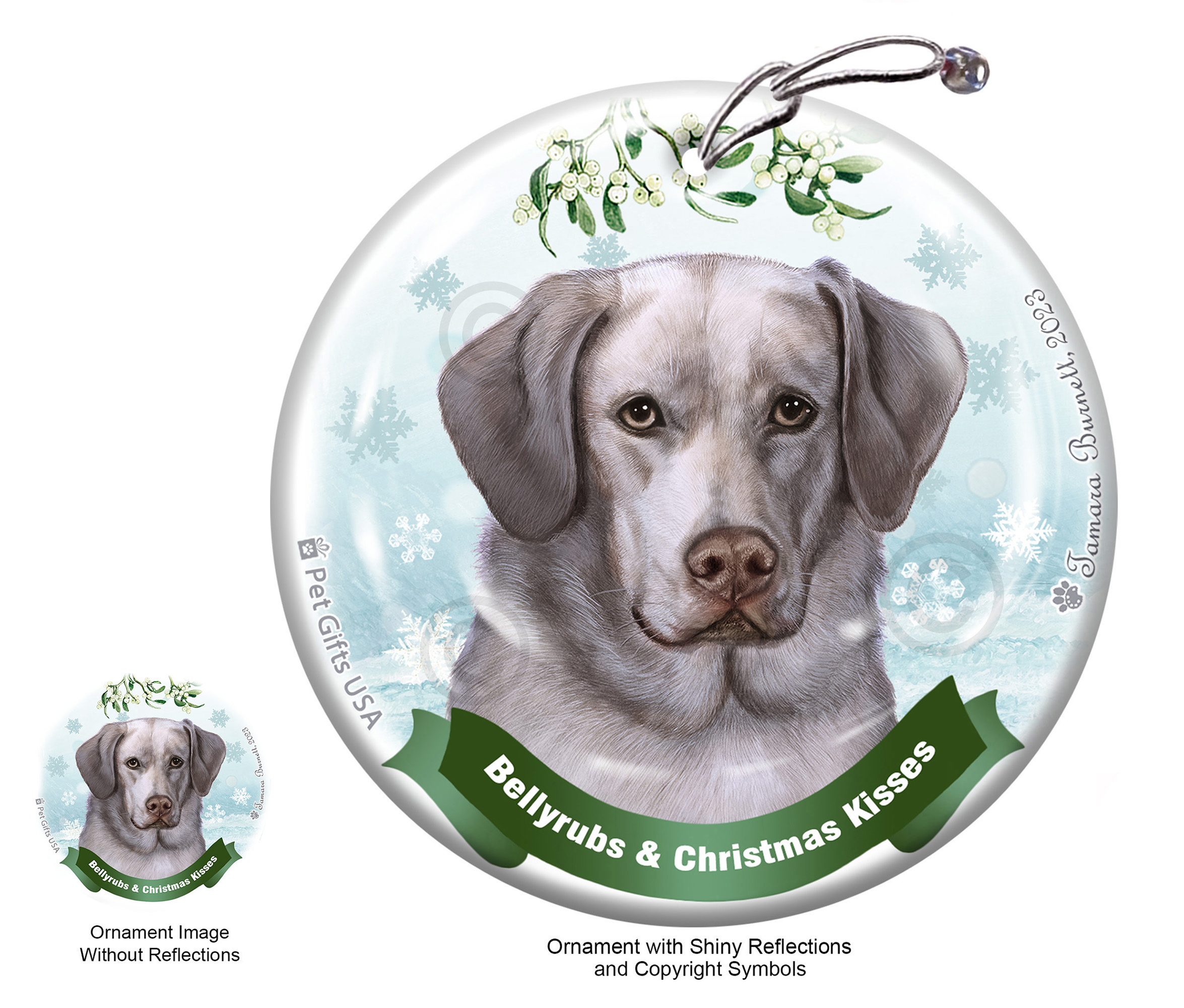 An image of product 24459 Labrador American Silver Front Face Belly Rubs and Christmas Kisses Ornament