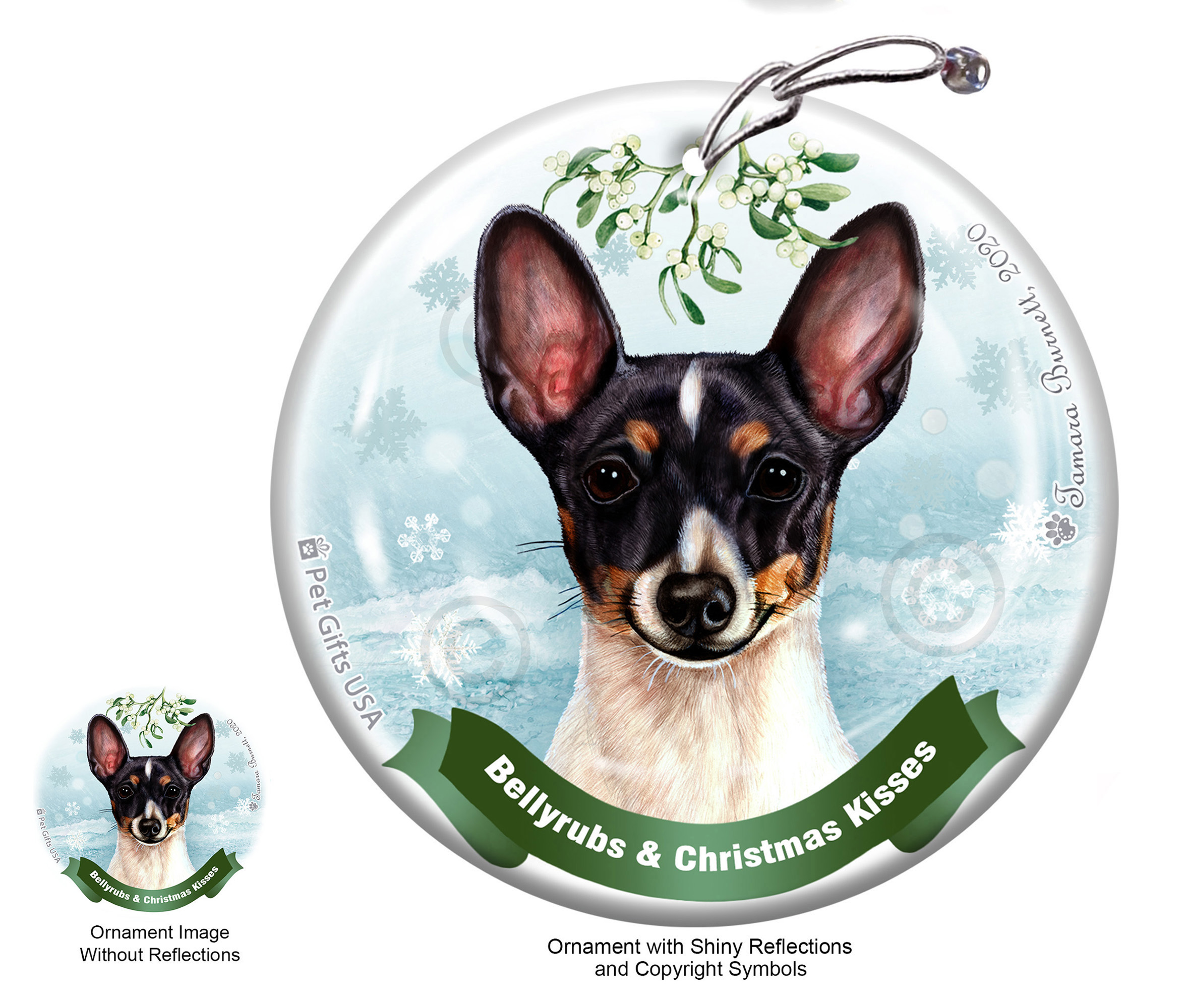 An image of the Toy Fox Terrier Black Tri-Color Belly Rubs and Christmas Kisses Ornament