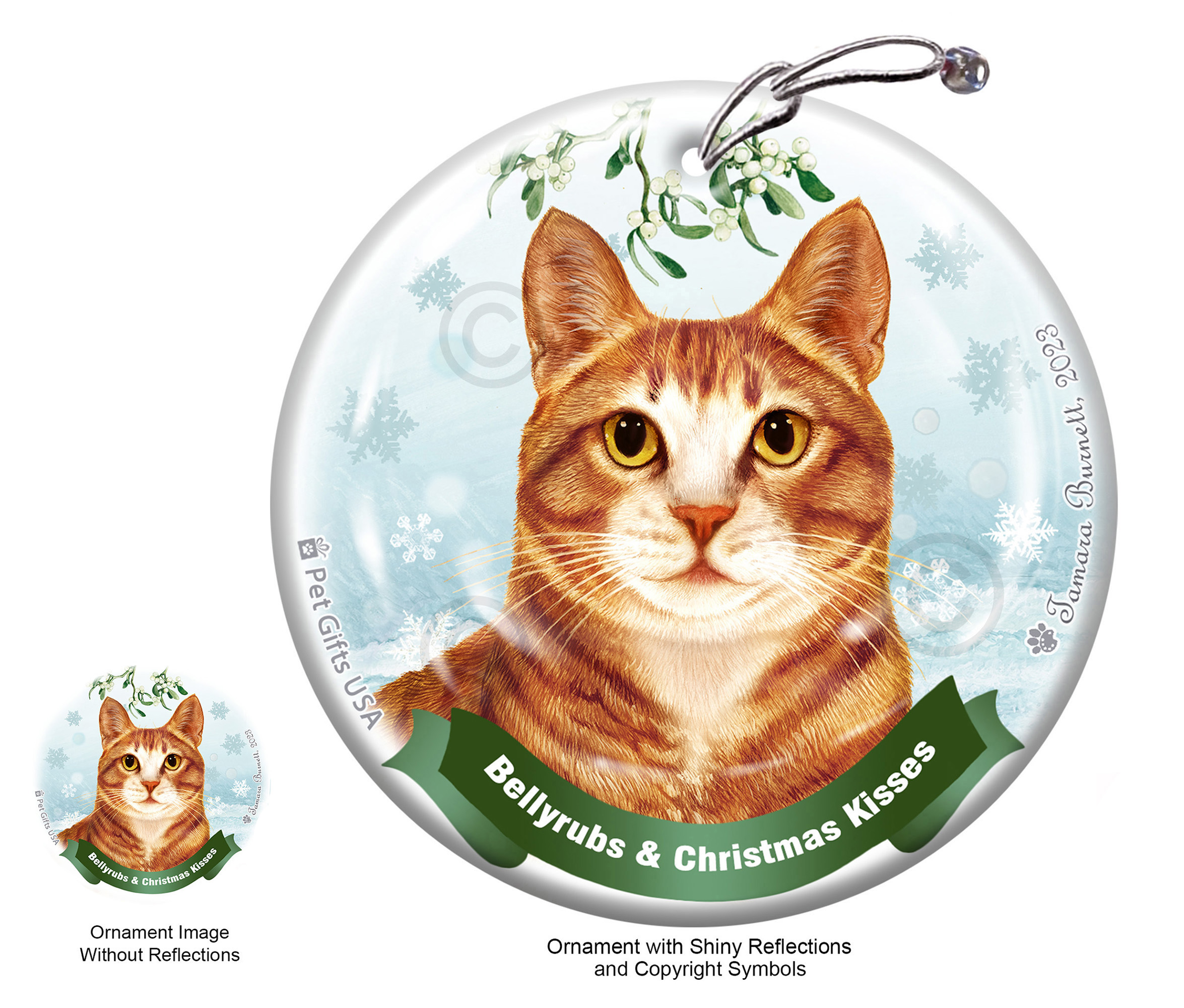 Tuxedo Orange and White Belly Rubs and Christmas Kisses Ornament Image