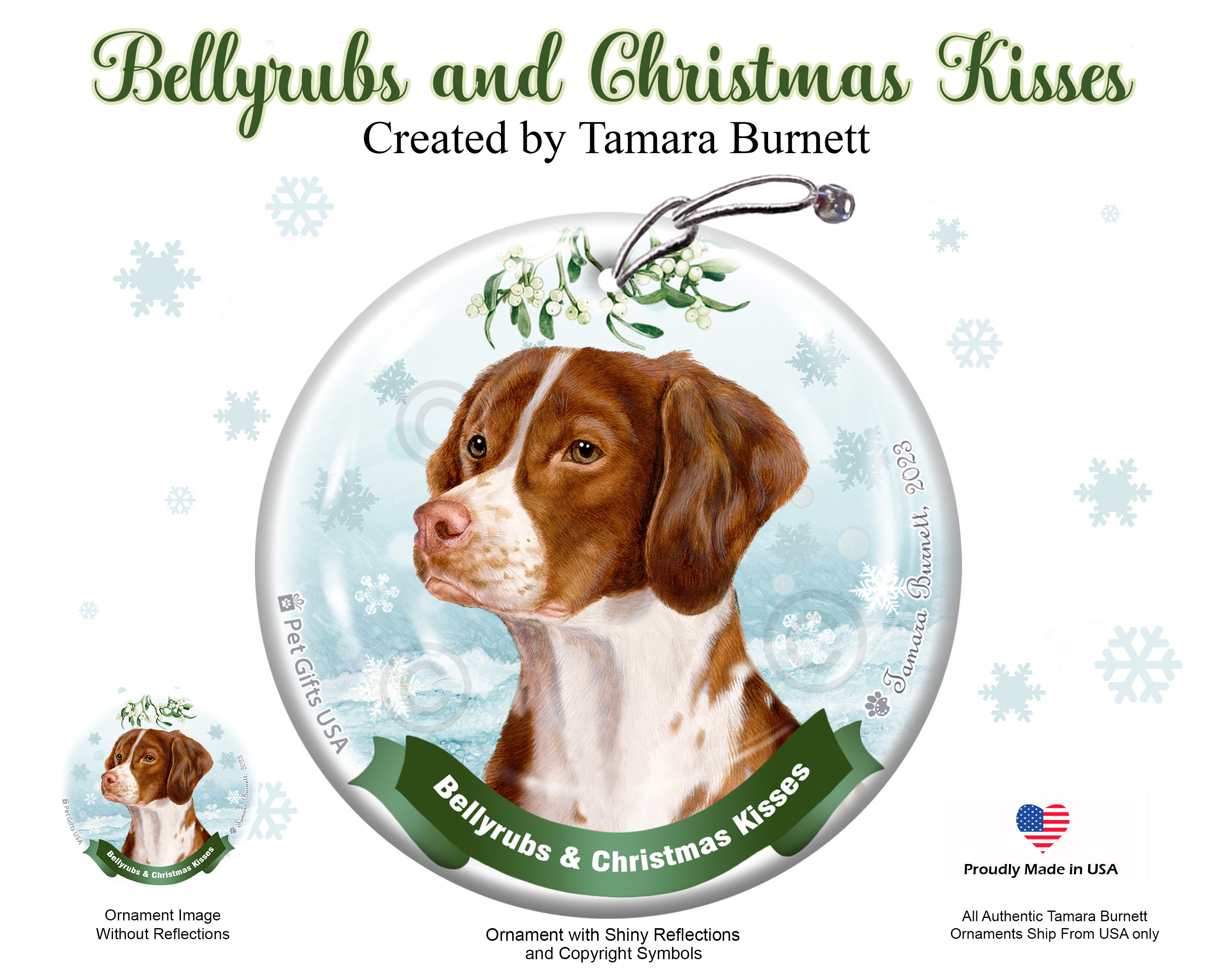 Brittany Orange and White Belly Rubs and Christmas Kisses Ornament Image