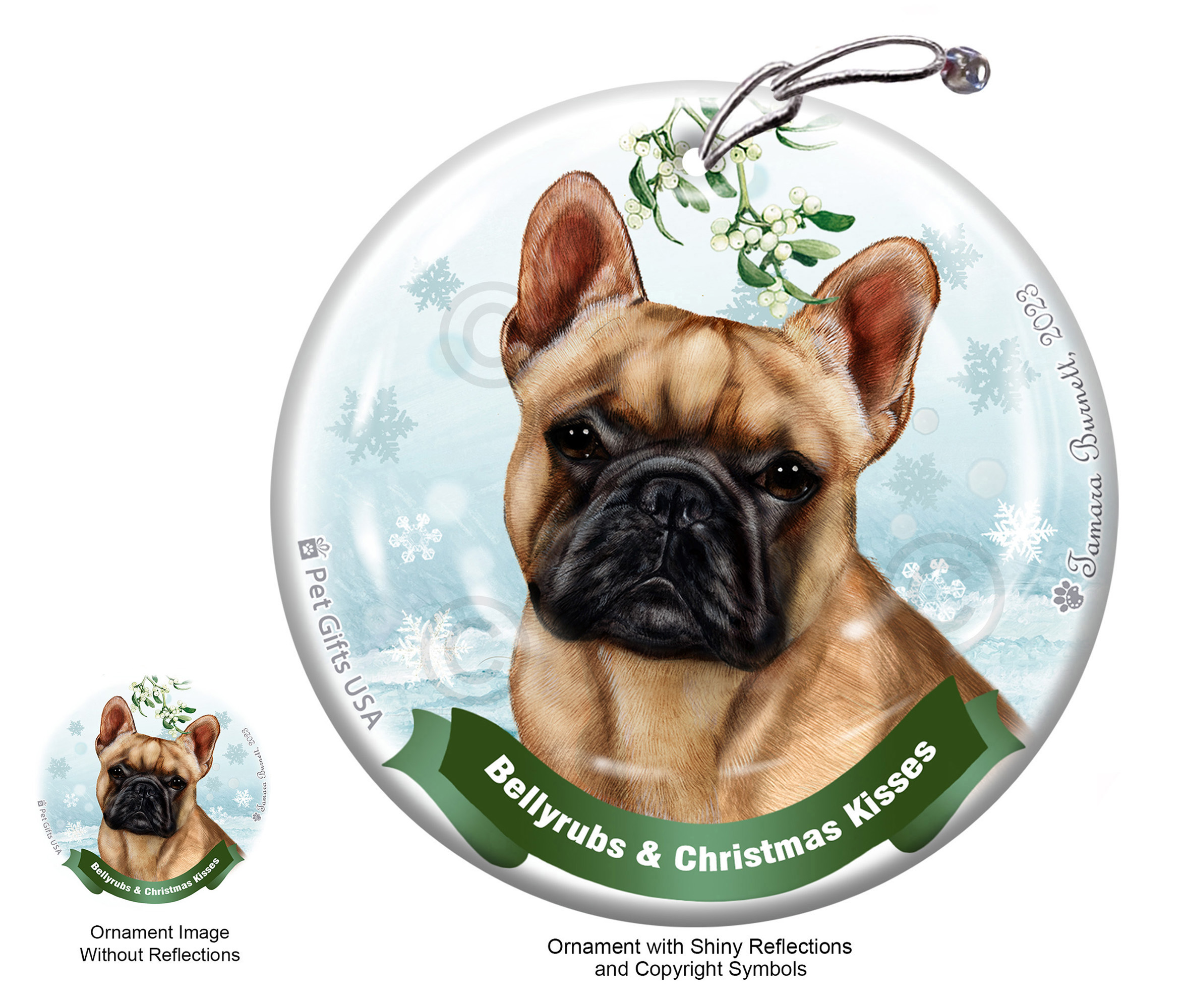 French Bulldog Fawn Belly Rubs and Christmas Kisses Ornament Image