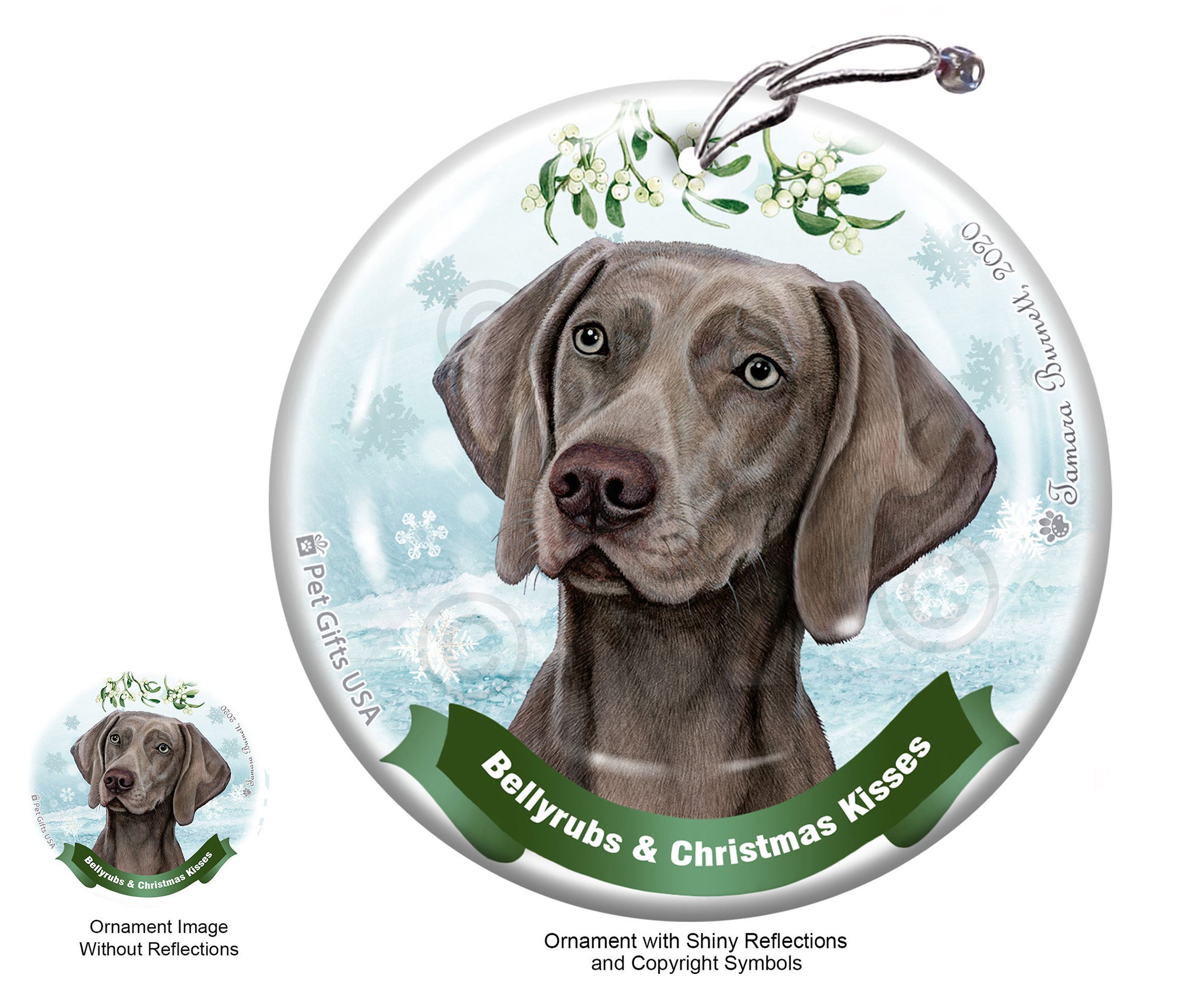 Weimaraner Mouse Grey Belly Rubs and Christmas Kisses Ornament Image