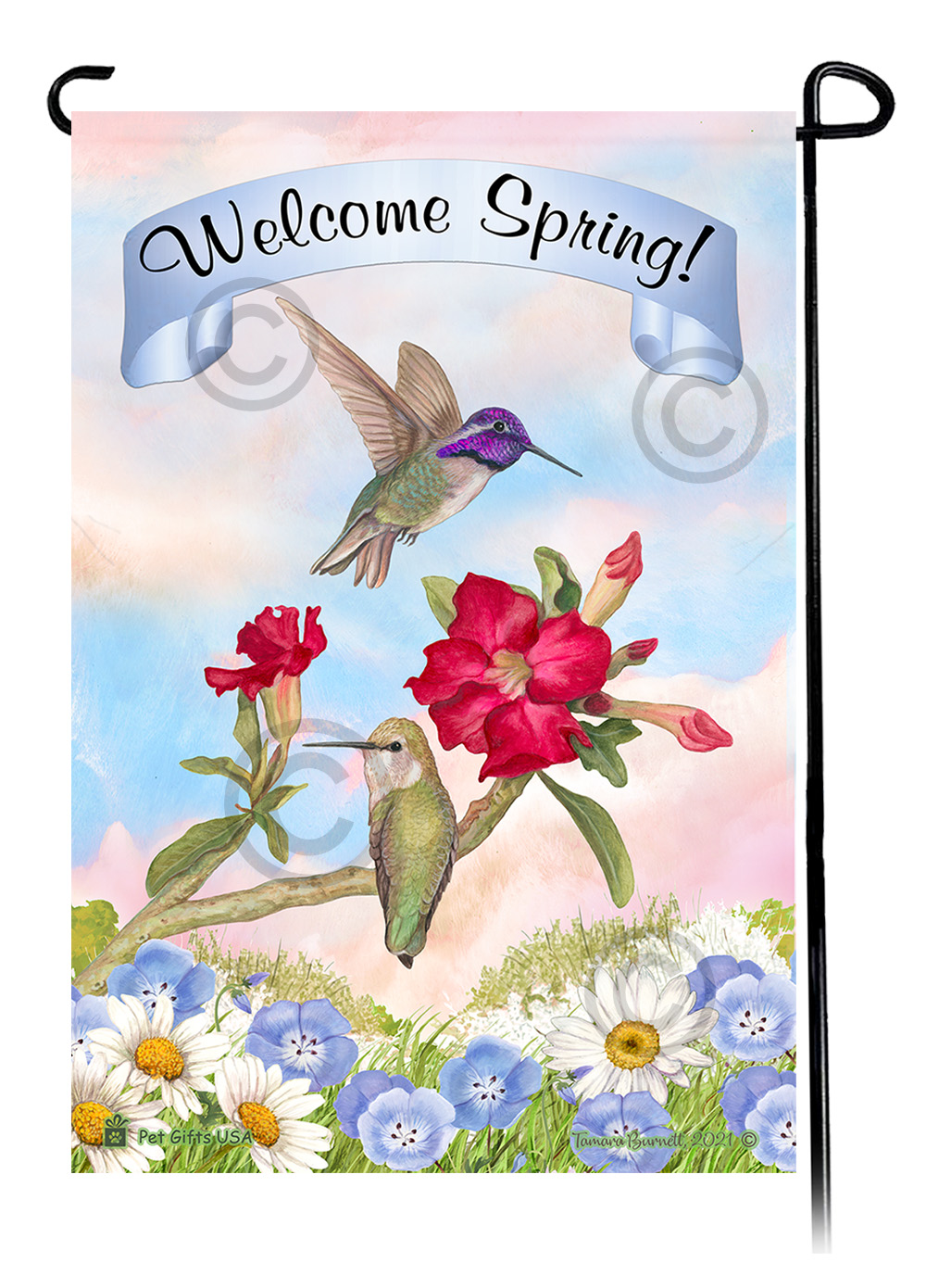 An image of the Costas Hummingbird - Welcome Spring Garden Flag