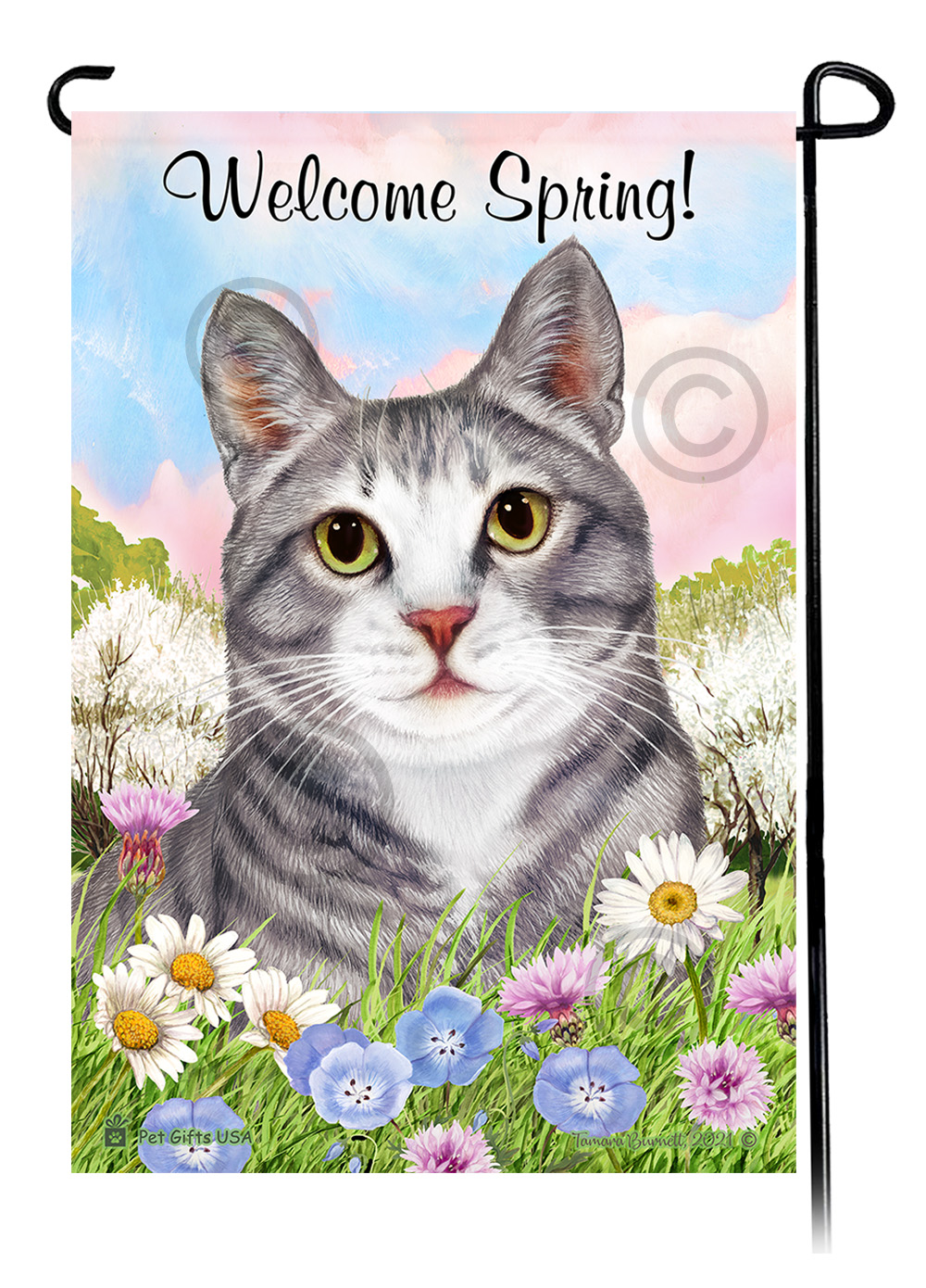 Tuxedo Cat Blue and White - Welcome Spring Garden Flag image