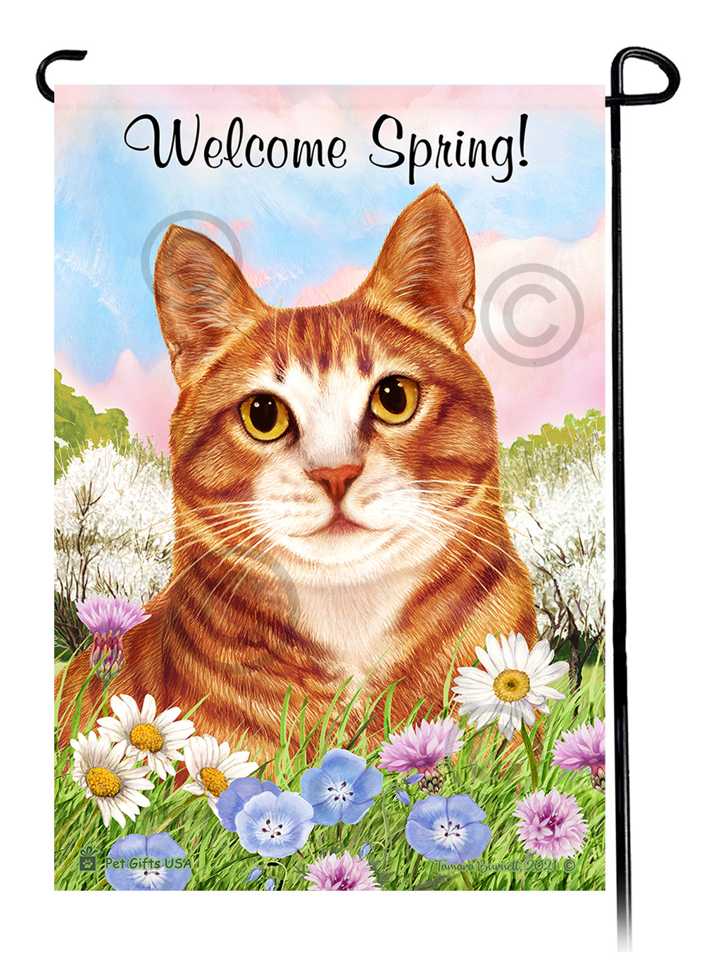 Tuxedo Cat Orange and White - Welcome Spring Garden Flag image